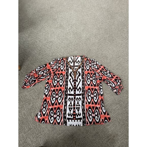 Chico’s sheer patterned blouse wood bead v neck 2 - Picture 3 of 10